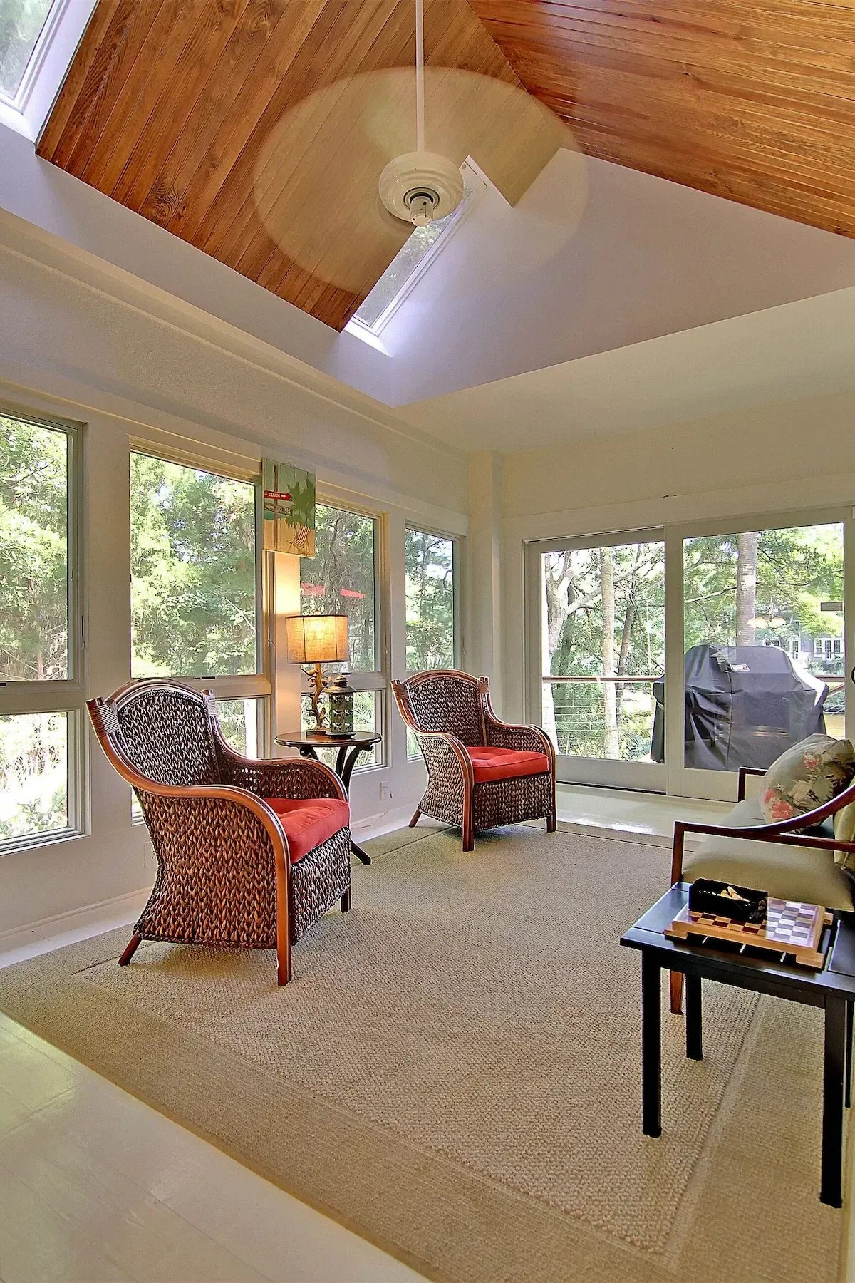 Sunroom, vaulted plank ceiling